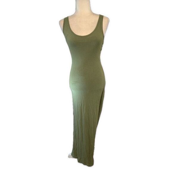 Bebe Solid Olive Green Scoop Neck Tank Side Slit Maxi Long Dress Xs - Picture 1 of 4